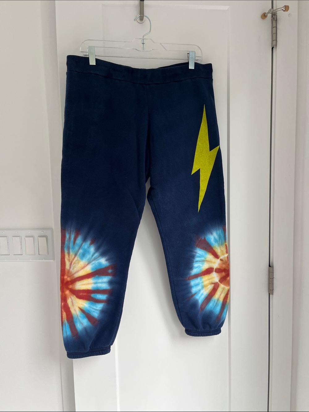 Lauren Moshi Sweatpants Navy Blue Yellow Lighting Bold Tie Dye L - Picture 2 of 6